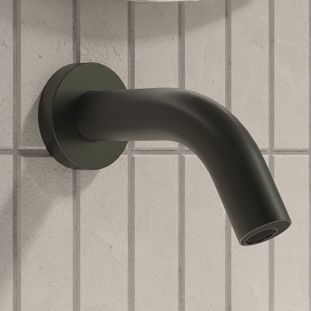 Product lifestyle image close up of Crosswater MPRO Sensor Matt Black128mm Projection Wall Mounted Basin Spout PROX0160WM_135